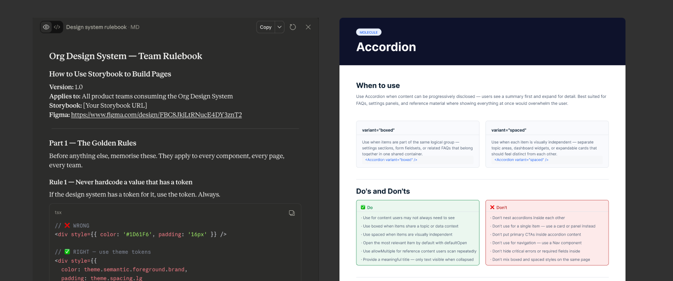 Design system team rulebook markdown alongside Accordion component documentation